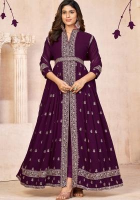 Wine Embroidered Georgette Anarkali Set