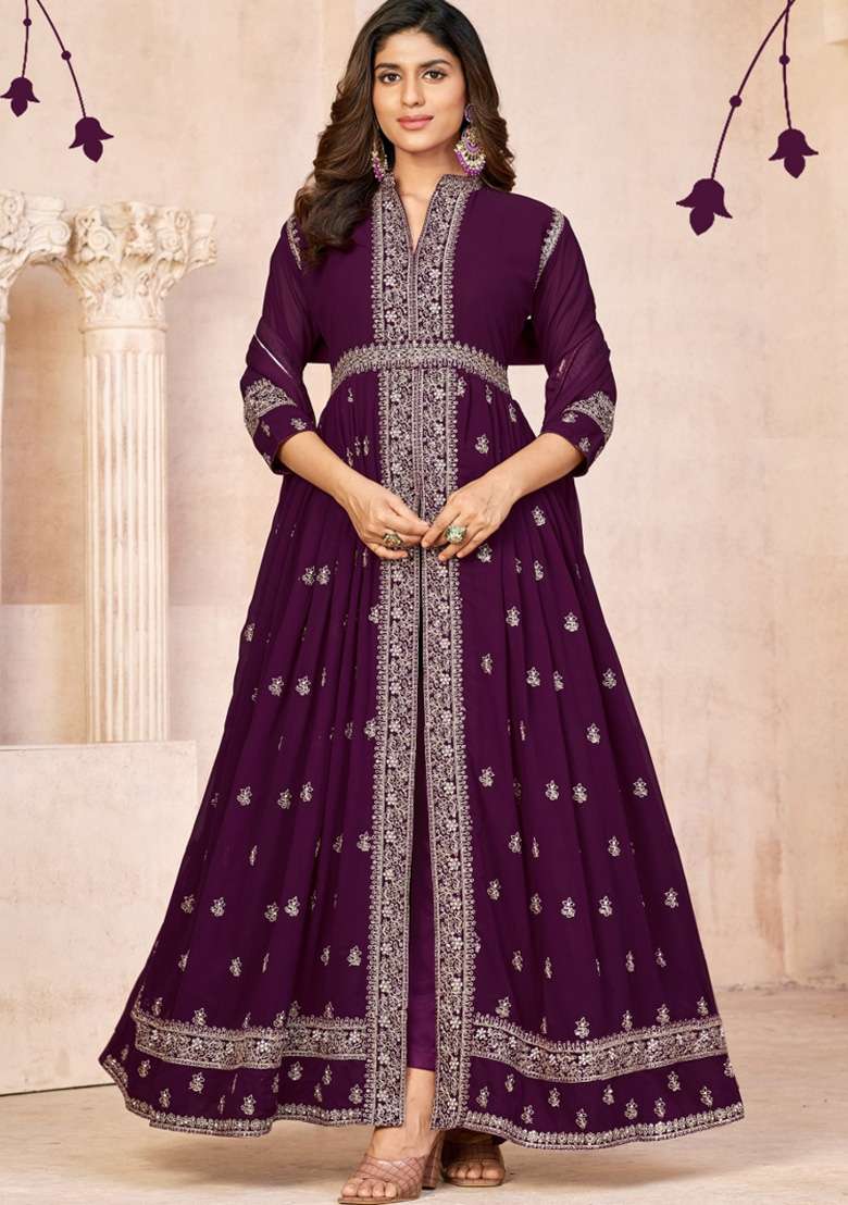 Wine Embroidered Georgette Anarkali Set - Indya