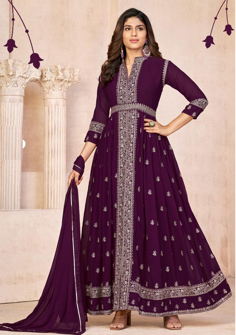 Wine Embroidered Georgette Anarkali Set - Indya