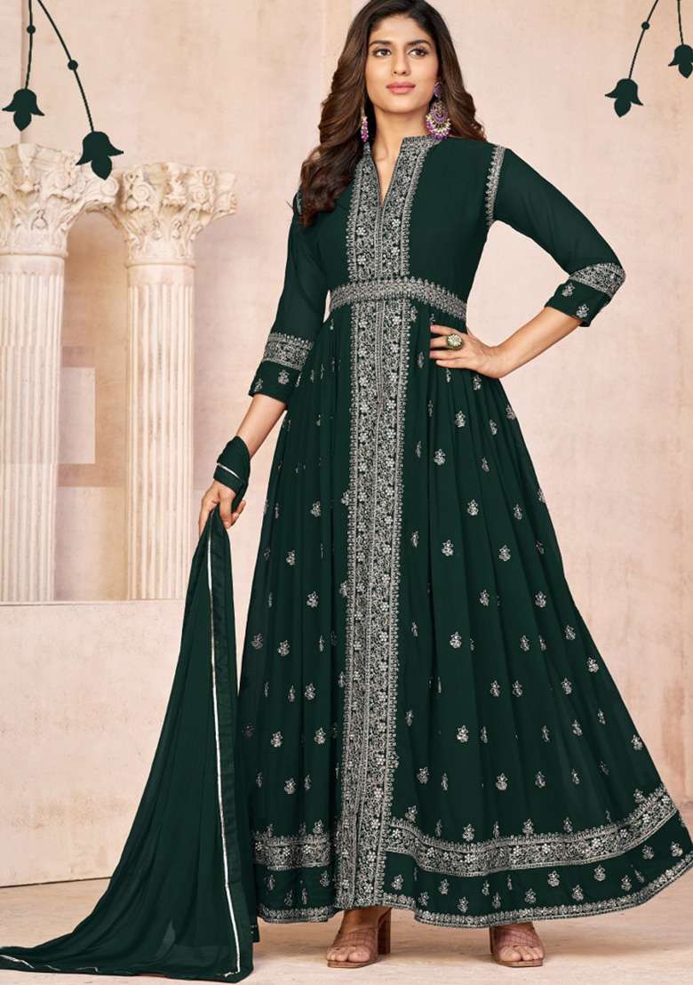 Green Embroidered Georgette Anarkali Set - Indya