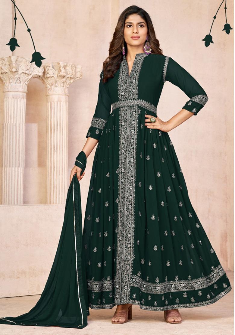 Green Embroidered Georgette Anarkali Set - Indya