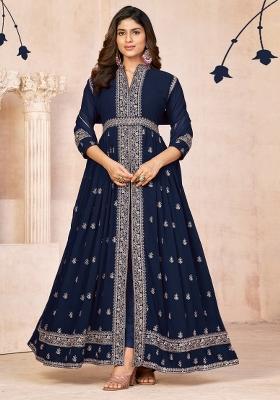 Navy Blue Embroidered Georgette Anarkali Set