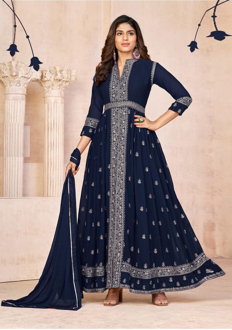 Navy Blue Embroidered Georgette Anarkali Set - Indya