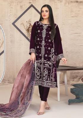 Purple Embroidered Velvet Pakistani Suit
