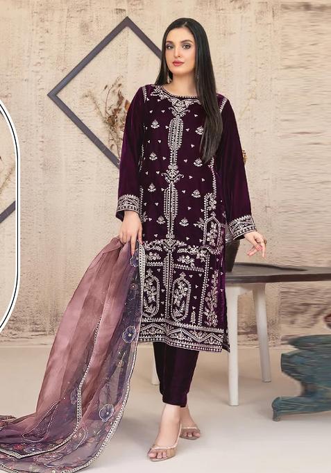 Purple Embroidered Velvet Pakistani Suit
