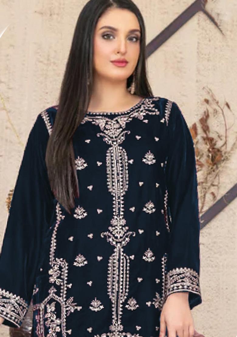 Navy Blue Embroidered Velvet Pakistani Suit - Indya