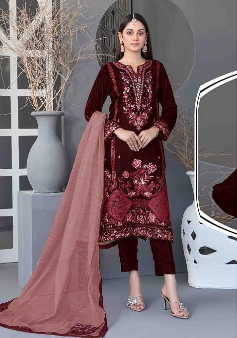 Maroon Embroidered Velvet Pakistani Suit
