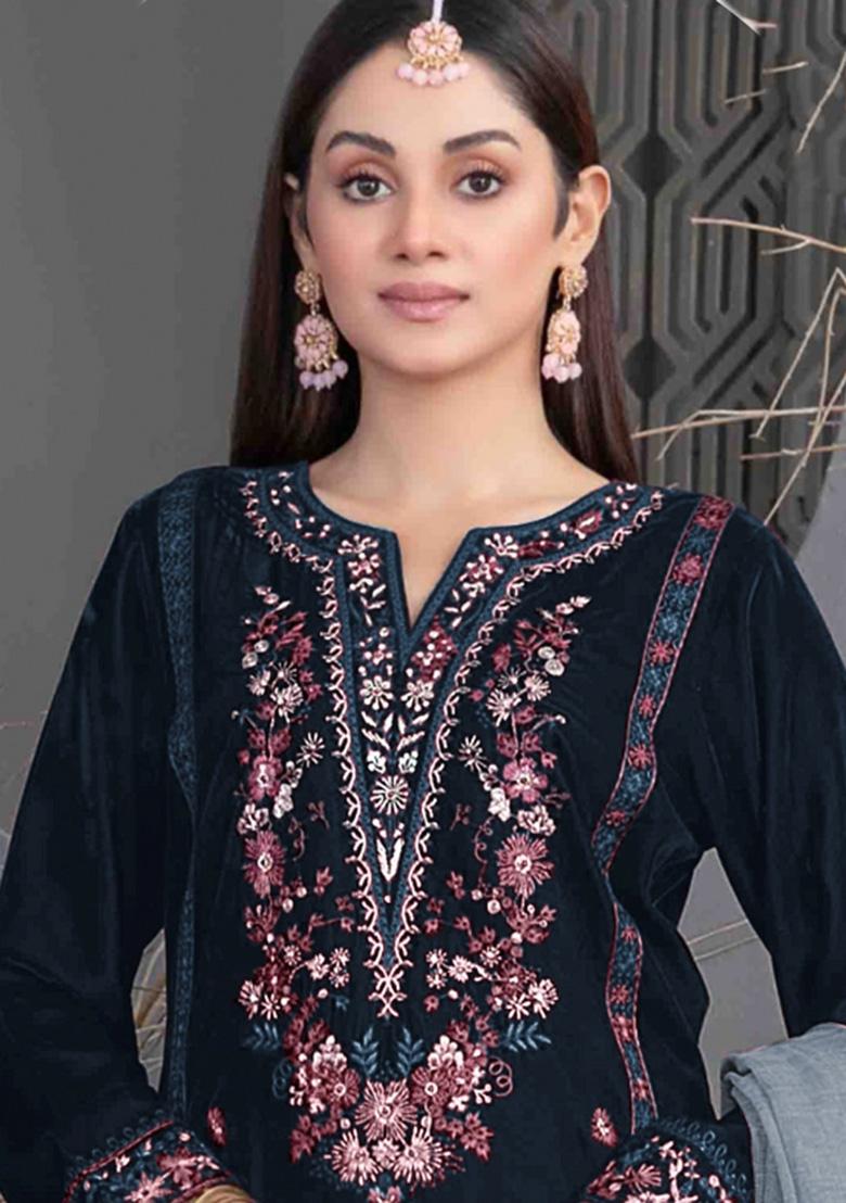 Navy Blue Embroidered Velvet Pakistani Suit - Indya