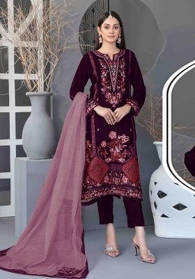 Purple Embroidered Velvet Pakistani Suit