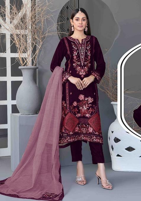Purple Embroidered Velvet Pakistani Suit