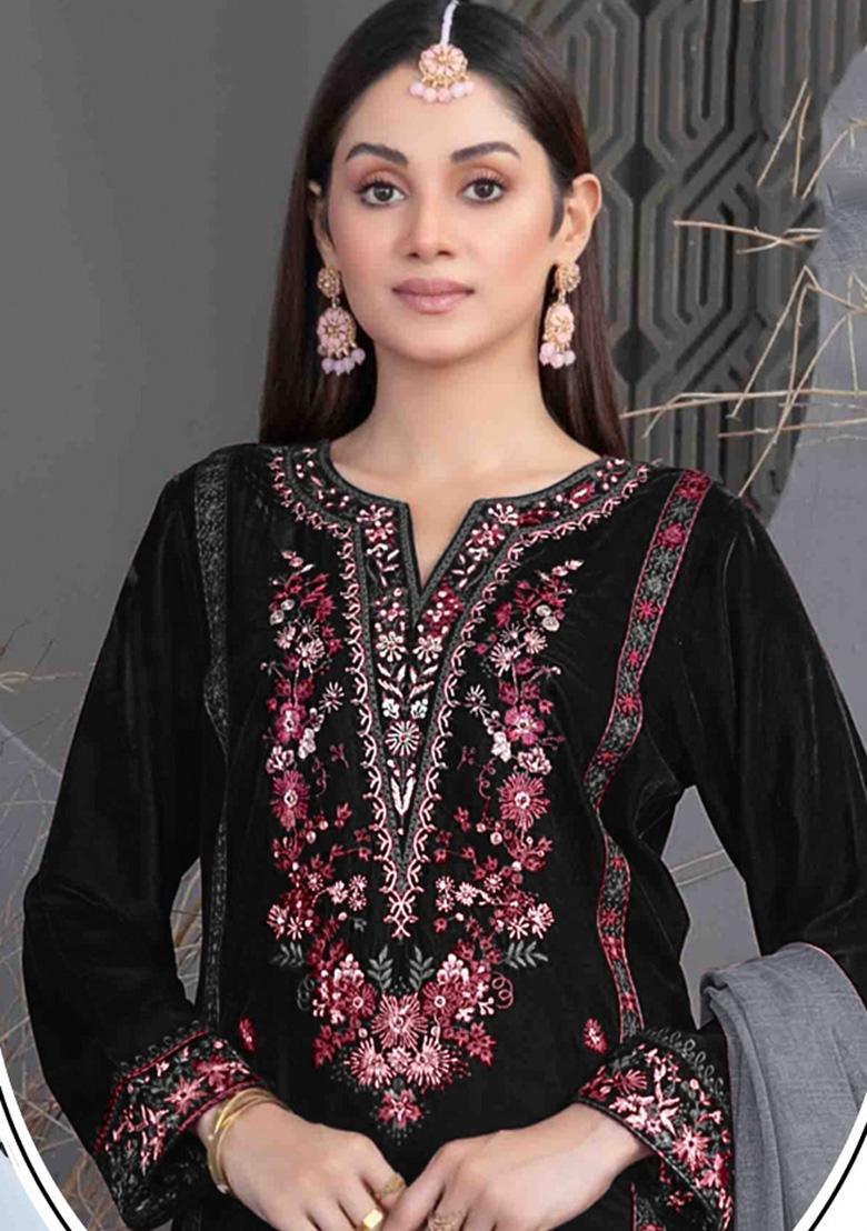 Black Embroidered Velvet Pakistani Suit - Indya