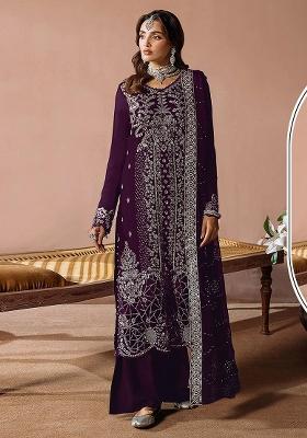 Purple Embroidered Velvet Pakistani Suit