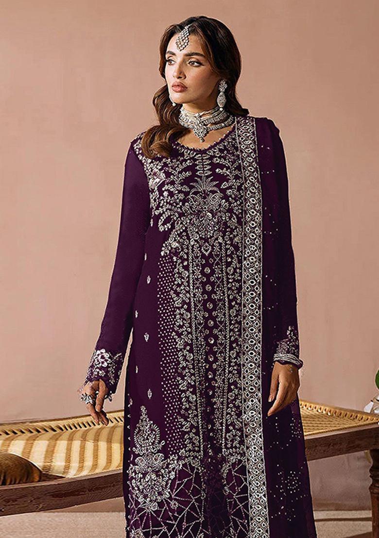 Purple Embroidered Velvet Pakistani Suit - Indya