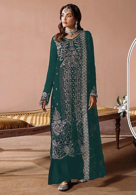 Teal Embroidered Velvet Pakistani Suit
