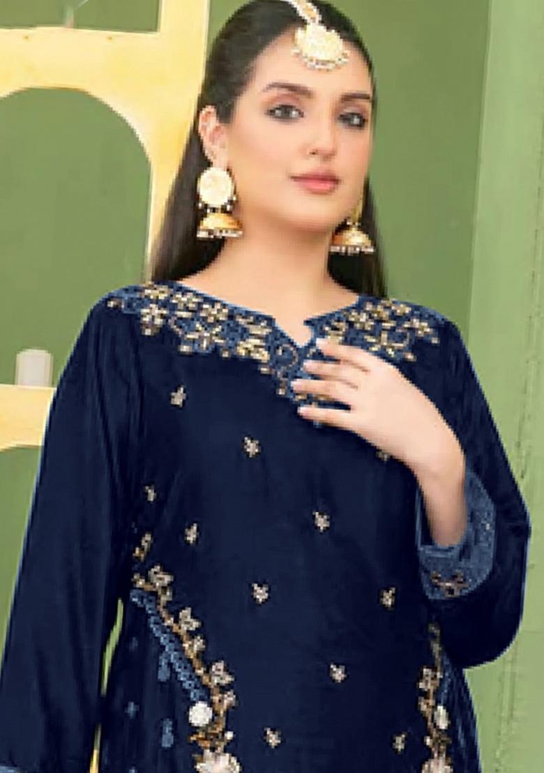 Navy Blue Embroidered Velvet Pakistani Suit - Indya