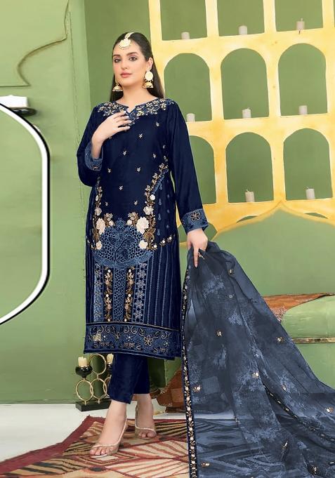 Navy Blue Embroidered Velvet Pakistani Suit