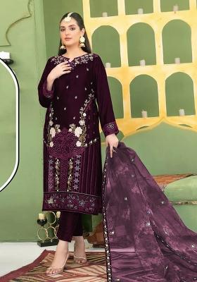 Purple Embroidered Velvet Pakistani Suit