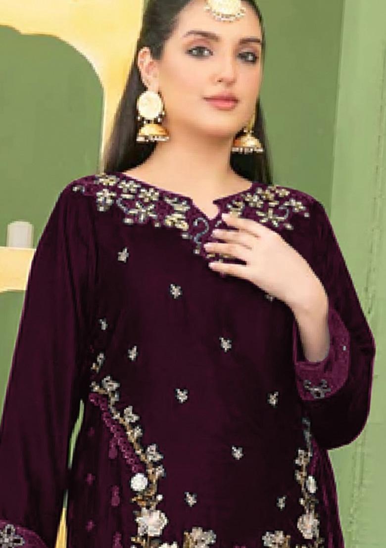 Purple Embroidered Velvet Pakistani Suit - Indya
