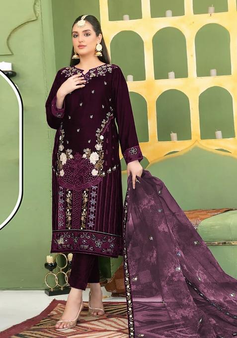 Purple Embroidered Velvet Pakistani Suit