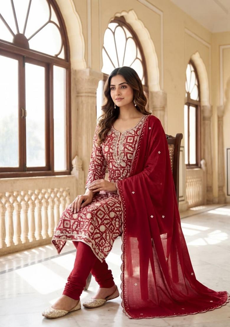 Maroon Printed Silk Blend Kurta Set - Indya