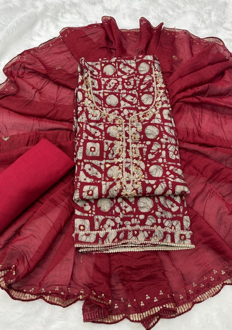 Maroon Printed Silk Blend Kurta Set - Indya