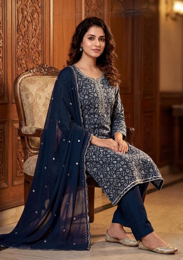 Navy Blue Printed Silk Blend Kurta Set - Indya