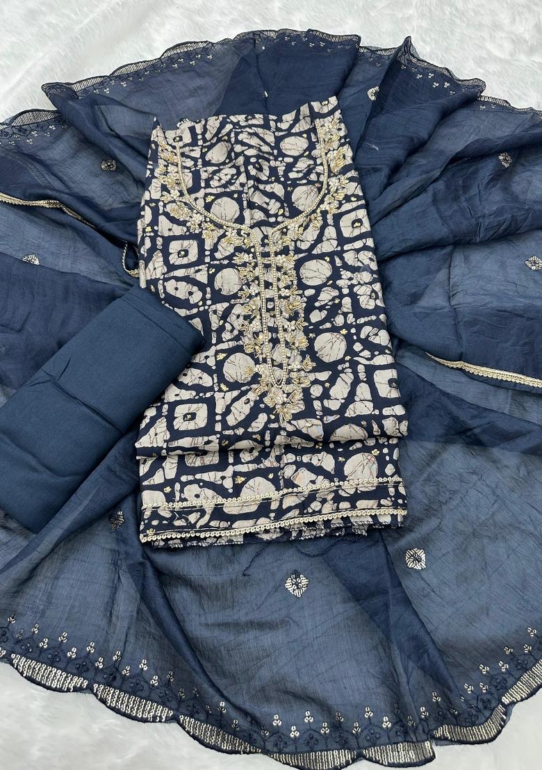 Navy Blue Printed Silk Blend Kurta Set - Indya
