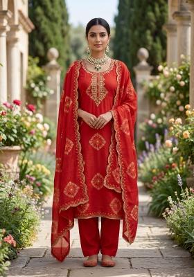 Orange Printed Silk Blend Kurta Set
