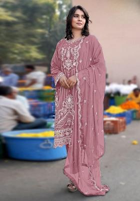 Pink Embroidered Chiffon Kurta Set