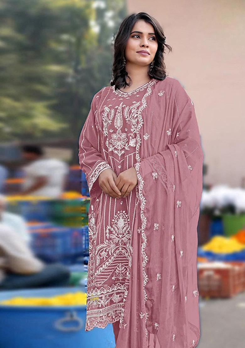 Pink Embroidered Chiffon Kurta Set - Indya