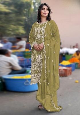 Mustard Embroidered Chiffon Kurta Set
