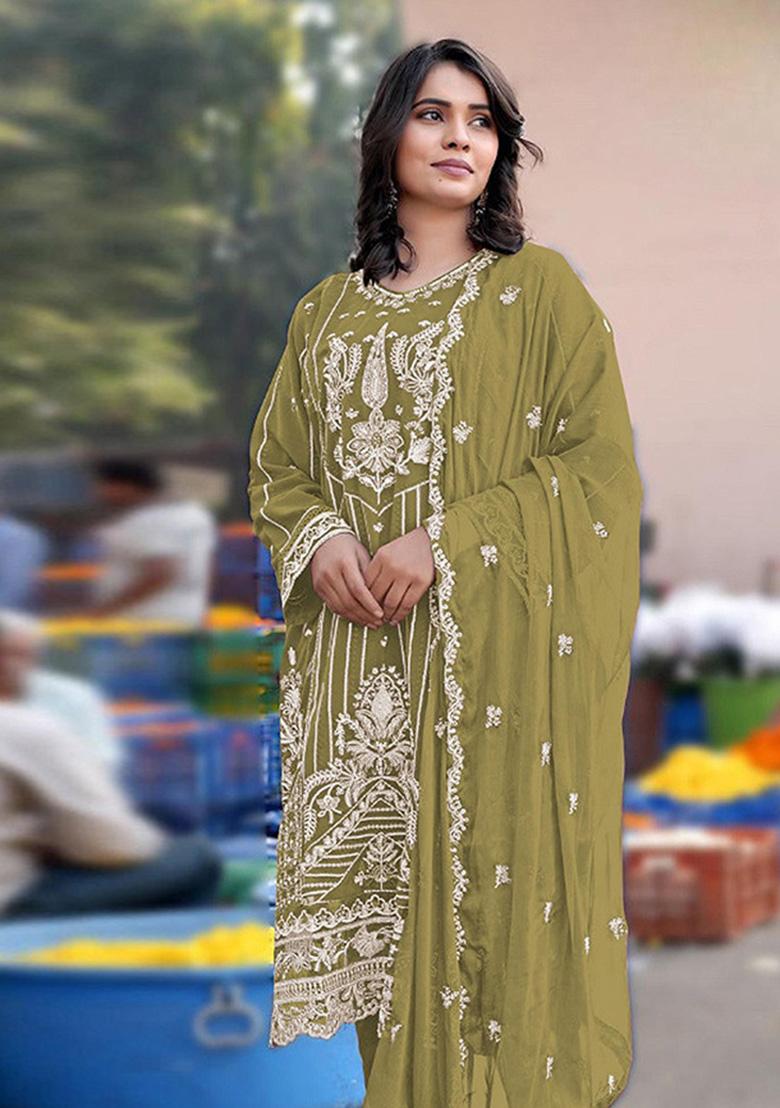Mustard Embroidered Chiffon Kurta Set - Indya