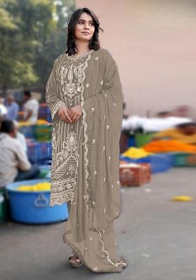 Grey Embroidered Chiffon Kurta Set