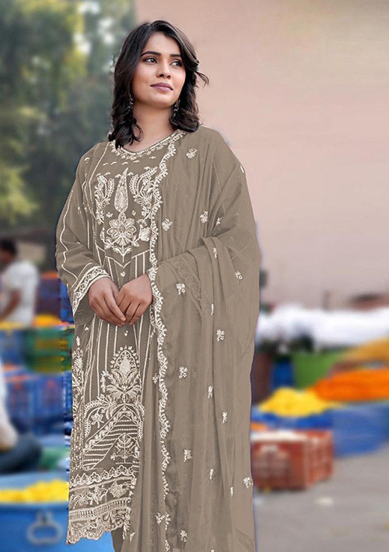 Grey Embroidered Chiffon Kurta Set - Indya
