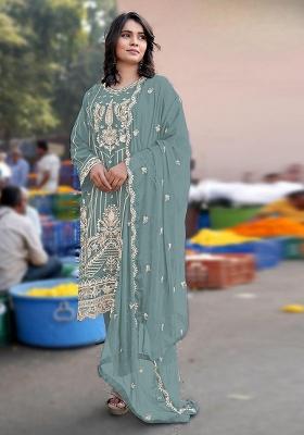 Turquoise Embroidered Chiffon Kurta Set