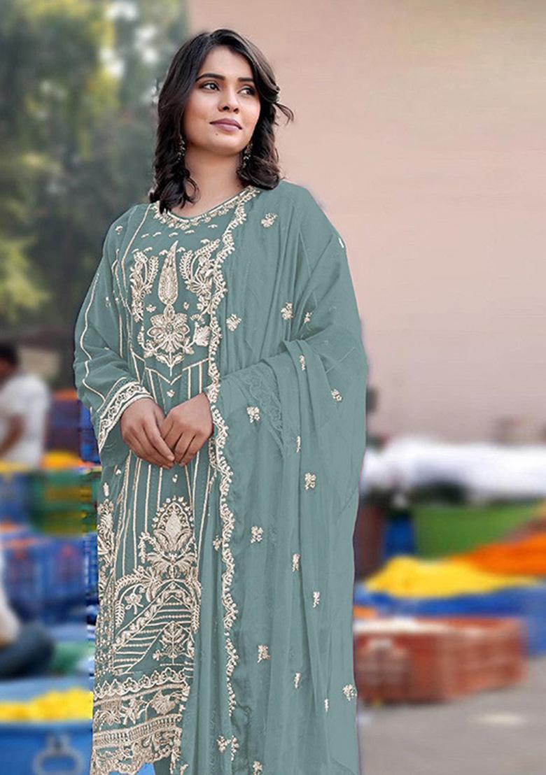 Turquoise Embroidered Chiffon Kurta Set - Indya