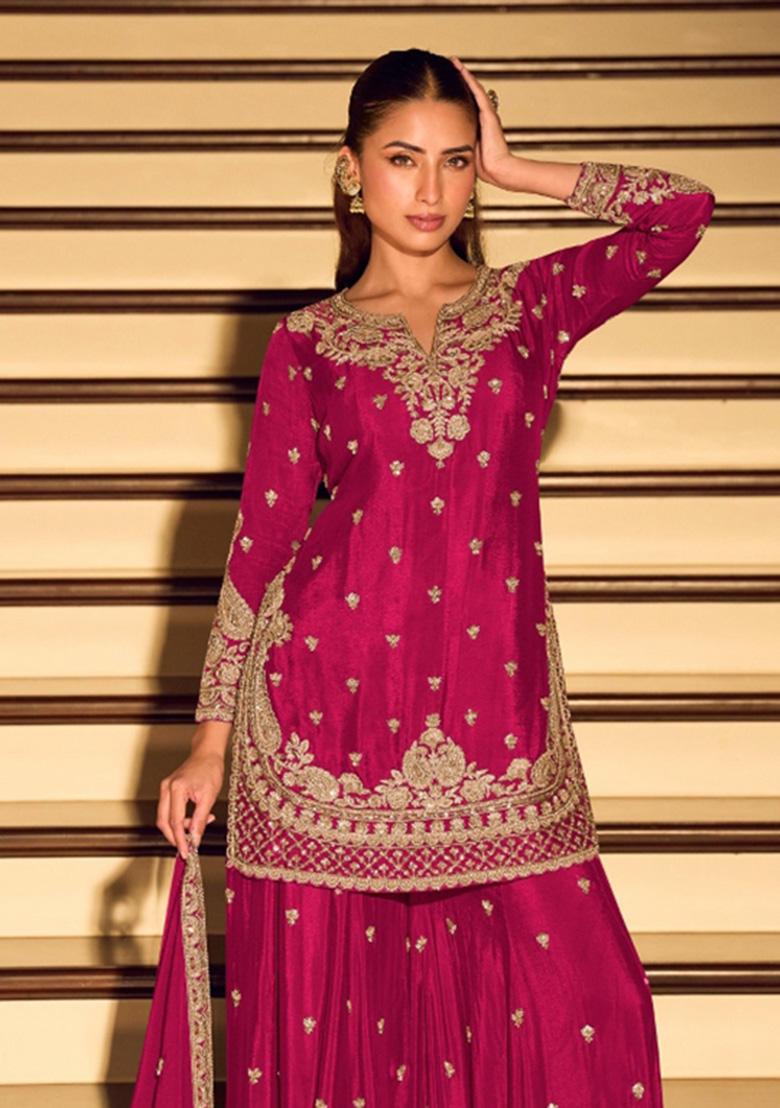 Magenta Embroidered Silk Blend Kurta Set - Indya