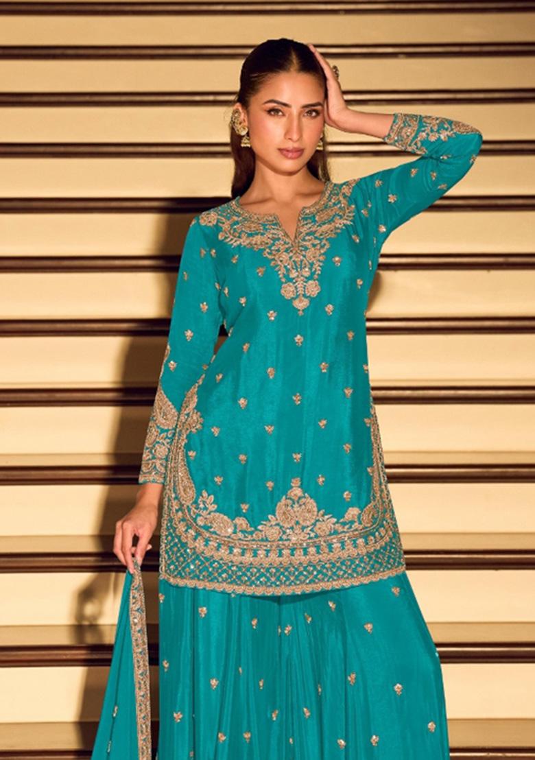 Blue Embroidered Silk Blend Kurta Set - Indya