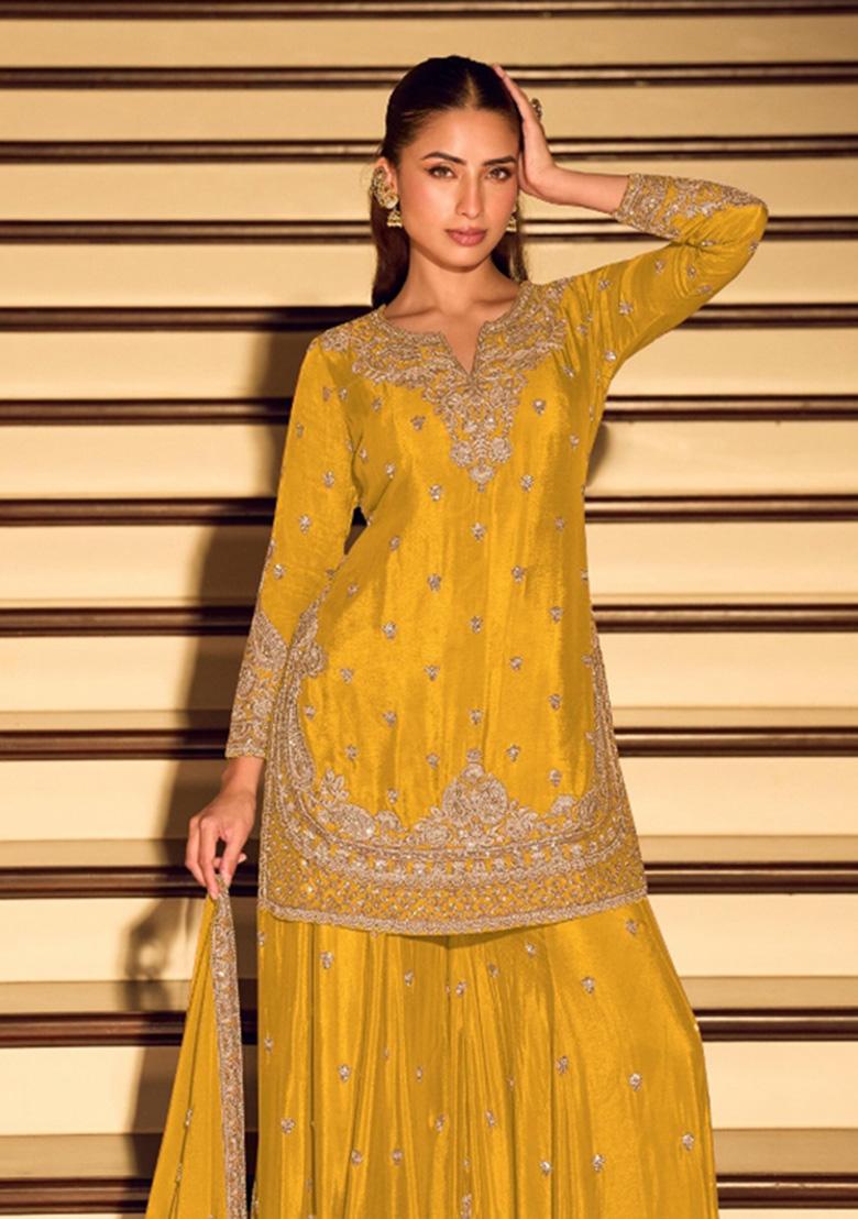 Yellow Embroidered Silk Blend Kurta Set - Indya