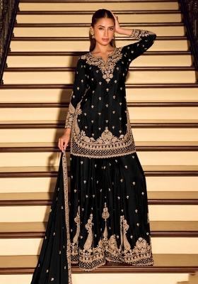 Black Embroidered Silk Blend Kurta Set