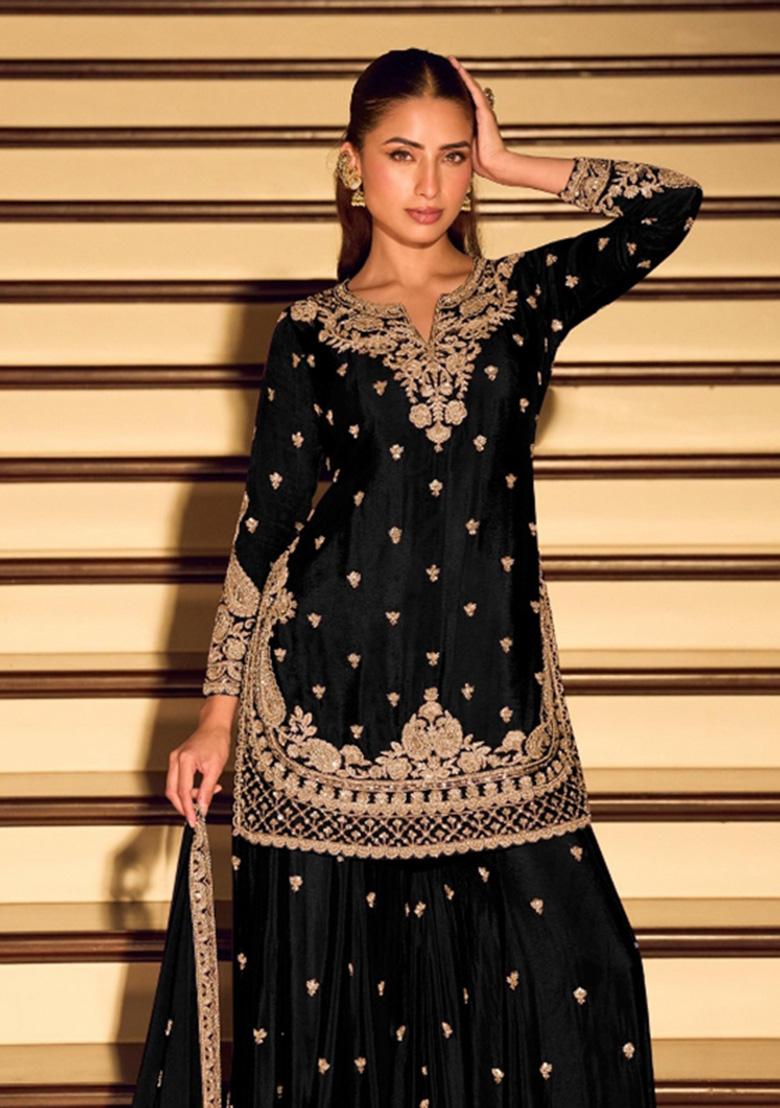 Black Embroidered Silk Blend Kurta Set - Indya