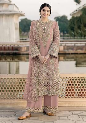 Peach Embroidered Chiffon Kurta Set