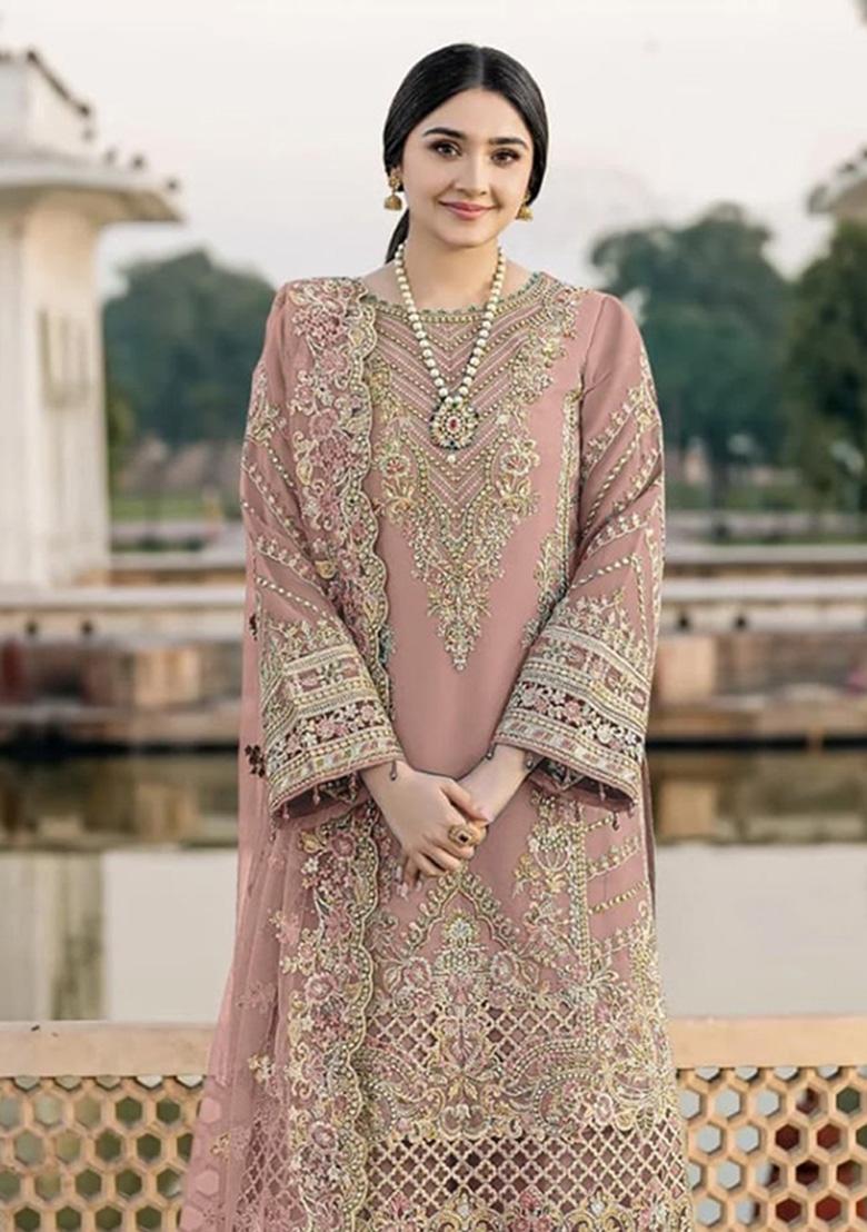 Peach Embroidered Chiffon Kurta Set - Indya