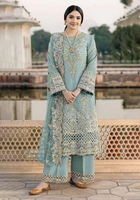 Blue Embroidered Chiffon Kurta Set