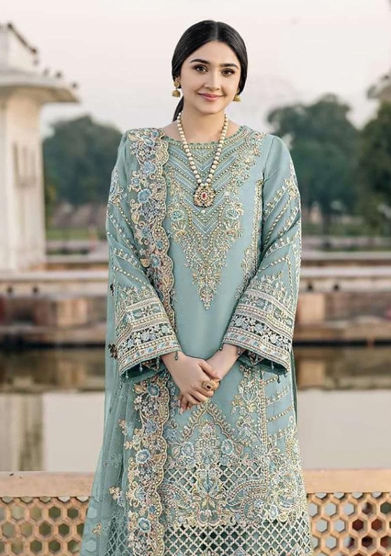 Blue Embroidered Chiffon Kurta Set - Indya