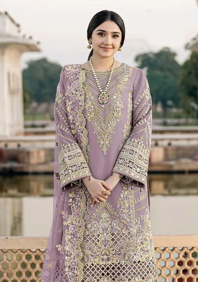 Lavender Embroidered Chiffon Kurta Set - Indya