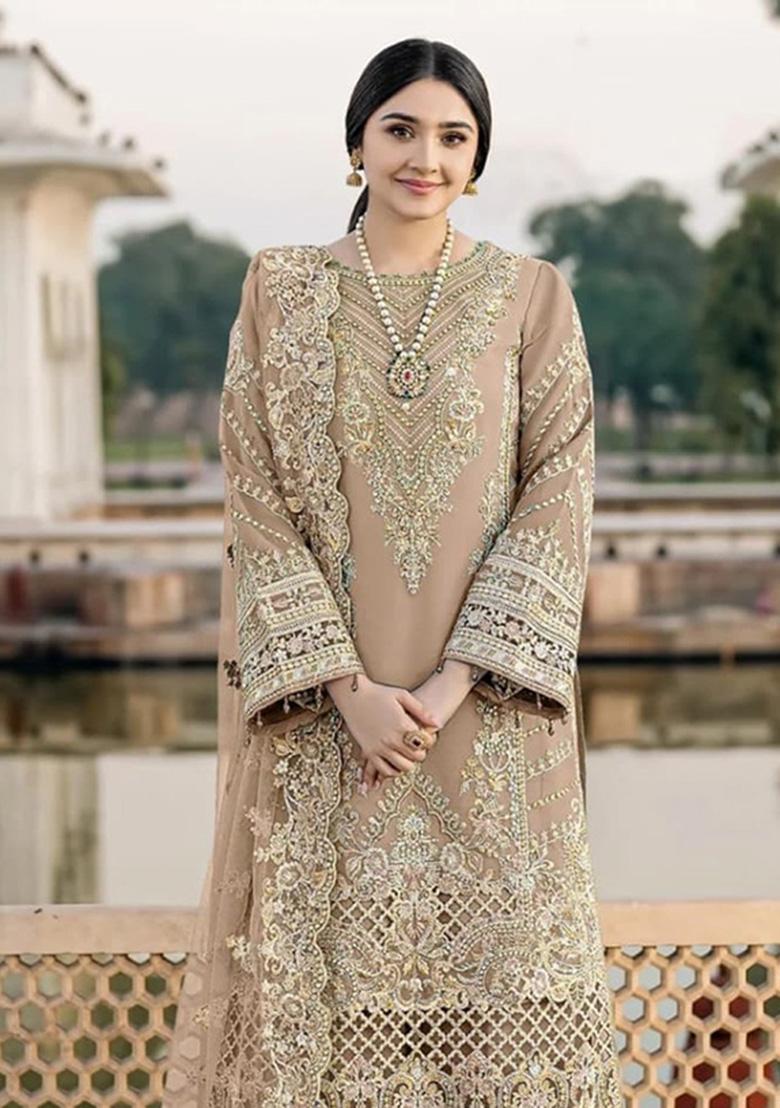 Brown Embroidered Chiffon Kurta Set - Indya