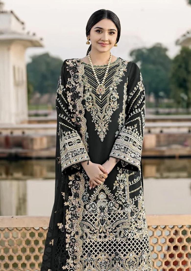 Black Embroidered Chiffon Kurta Set - Indya