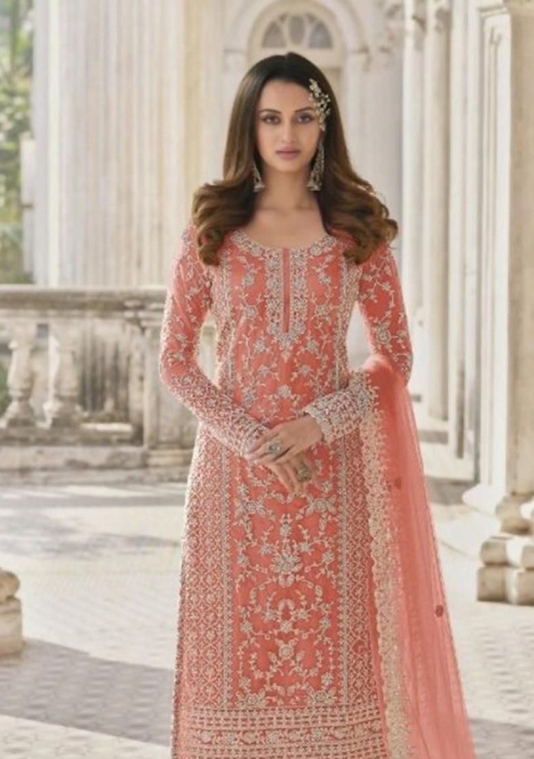 Peach Cord Work Net Kurta Set - Indya