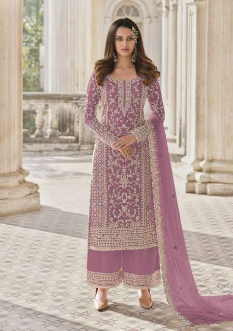 Lavender Cord Work Net Kurta Set - Indya